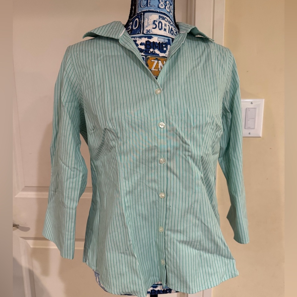 Lands End Green Striped Button-Up Shirt